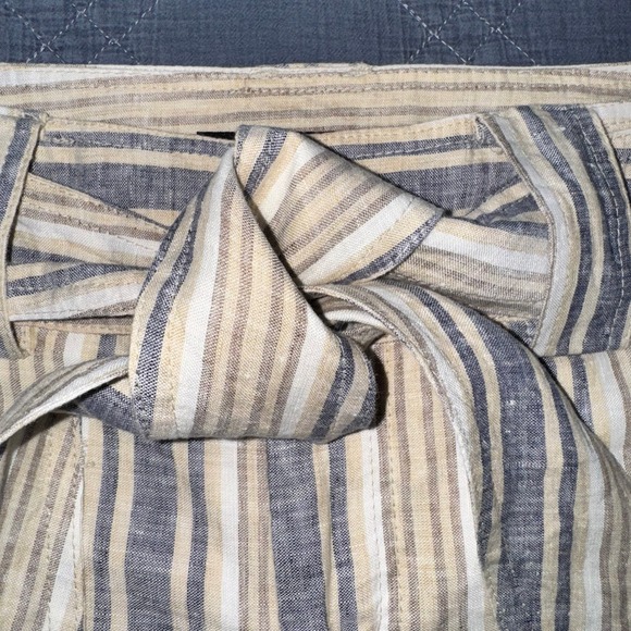 Zara Flax Linen Striped Tie-Waist Shorts Coastal Summer Blue Tan White Size MED - Picture 6 of 15